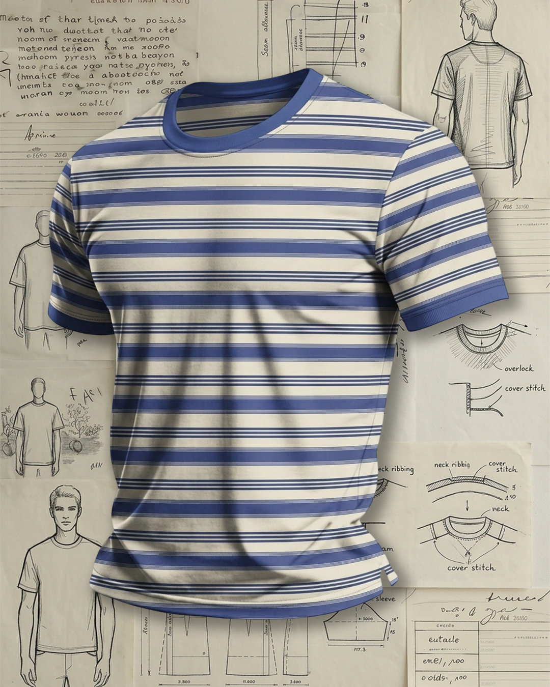 Men's Blue Beige Mixed-width Stripe Tailored Fit Retro Nautical Style No Print Soft Knit Crew Neck Short Sleeve T-shirt