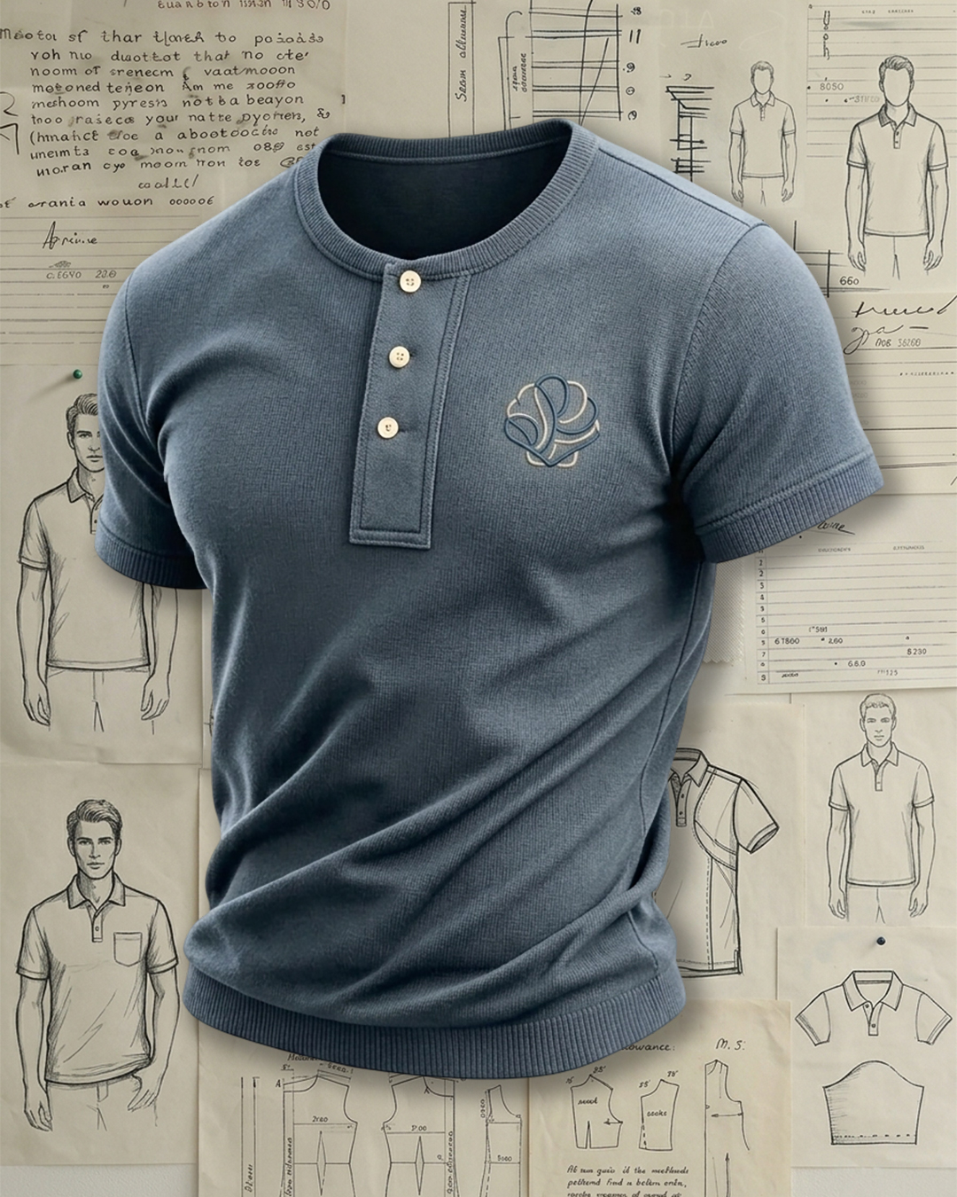 Men's Dusty Blue Geometric Floral Embroidery Slim Fit Minimalist Business Casual Style Henley Neck Ribbed Short Sleeve Knit T-shirt