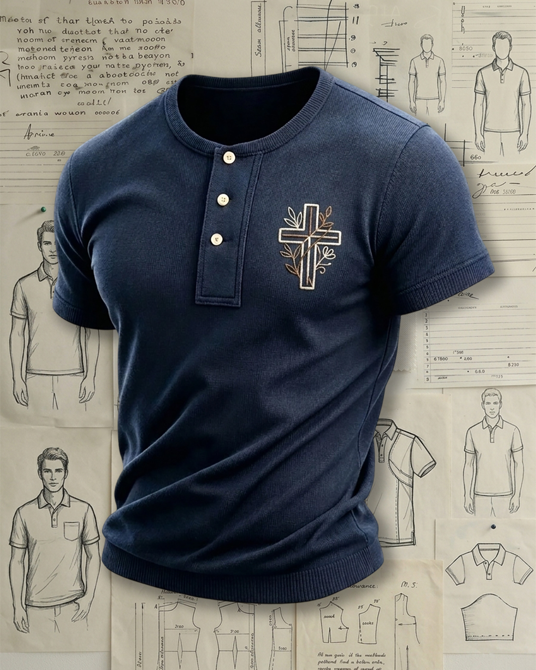 Men's Navy Blue Cross Floral Embroidery Slim Fit Retro Casual Style Henley Neck Ribbed Short Sleeve Knit T-shirt