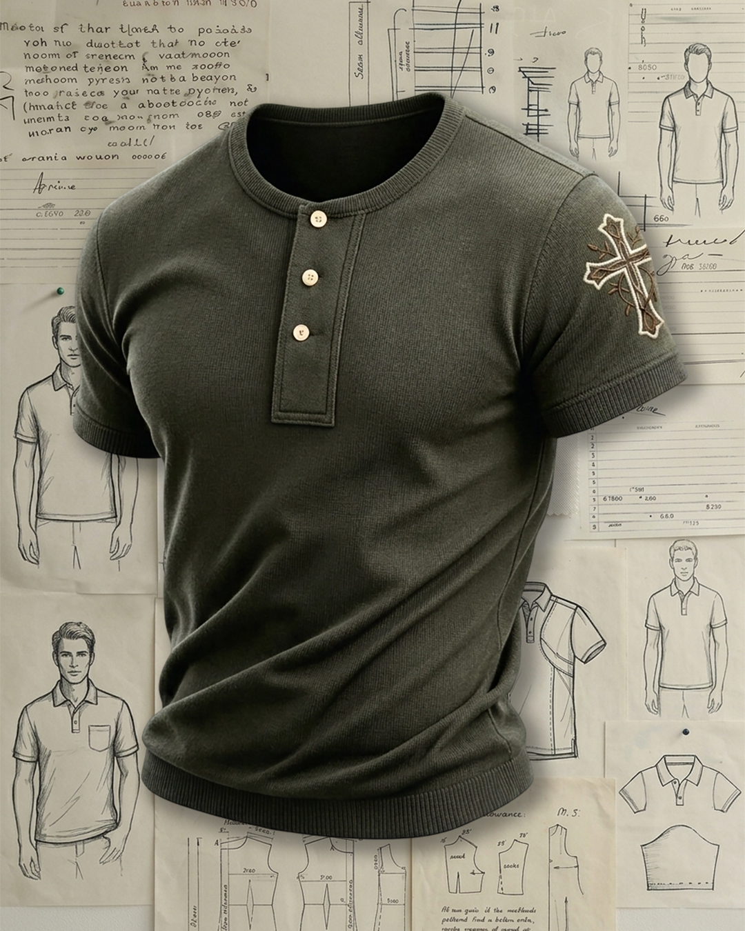 Men's Army Green Cross Embroidery Slim Fit American Retro Casual Style Henley Neck Ribbed Short Sleeve Knit T-shirt