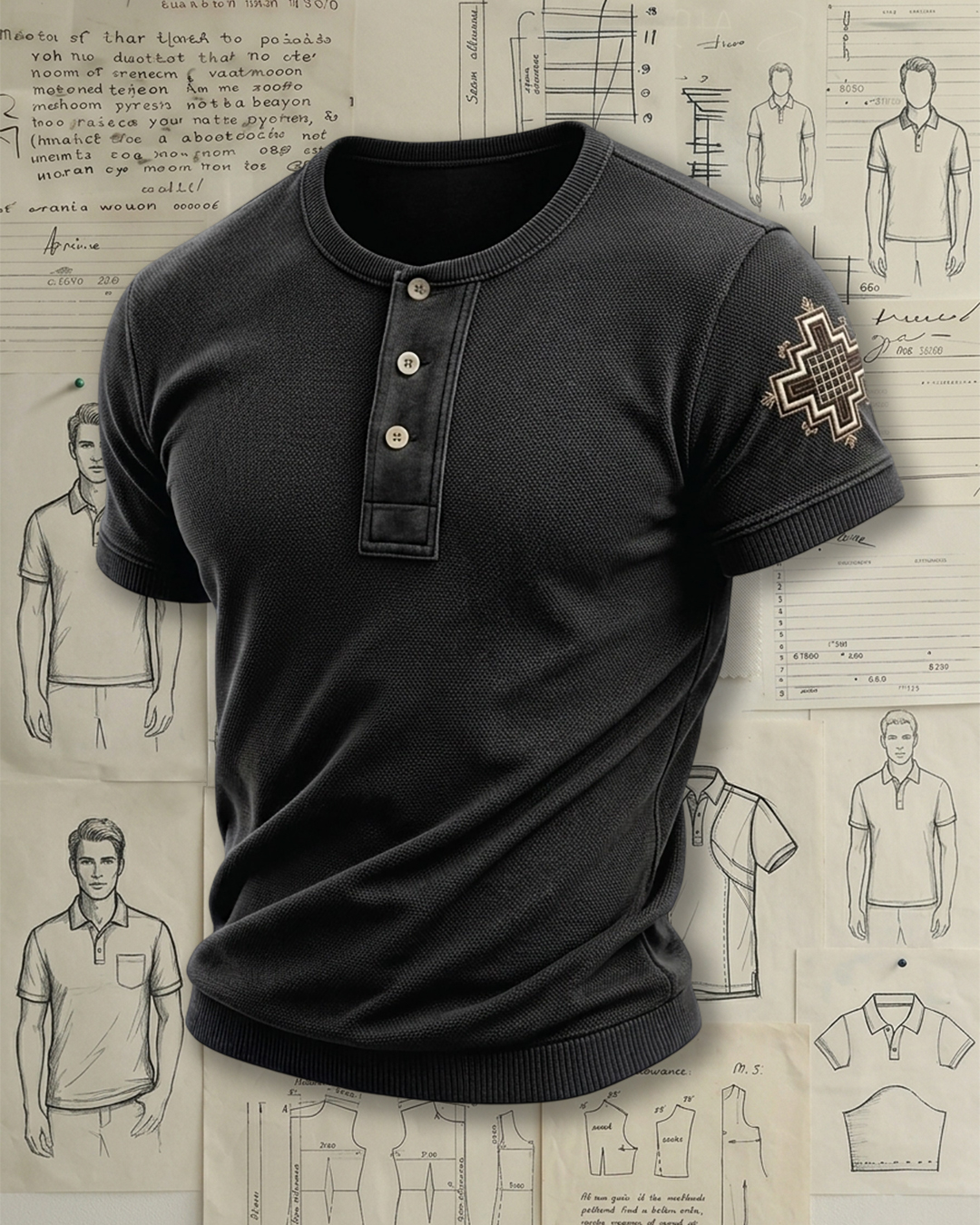 Men's Washed Black Geometric Cross Embroidery Slim Fit Vintage Workwear Style Henley Neck Waffle Knit Short Sleeve T-shirt