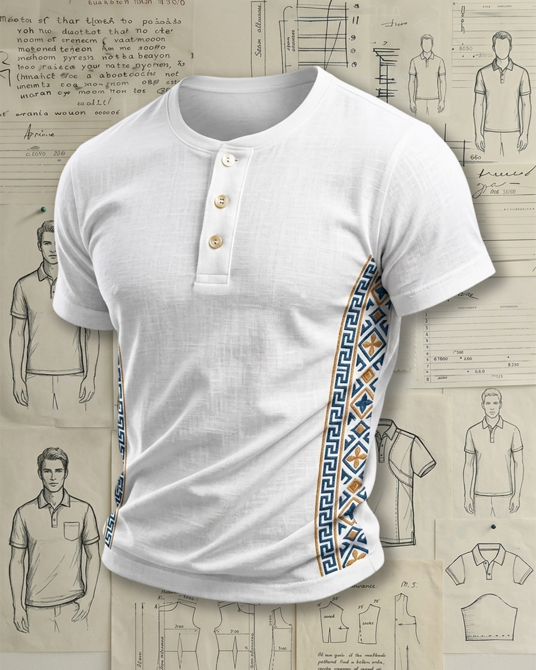 Men's White Greek Key Geometric Print Slim Fit Retro Mediterranean Style Henley Neck Bamboo Cotton Short Sleeve T-shirt