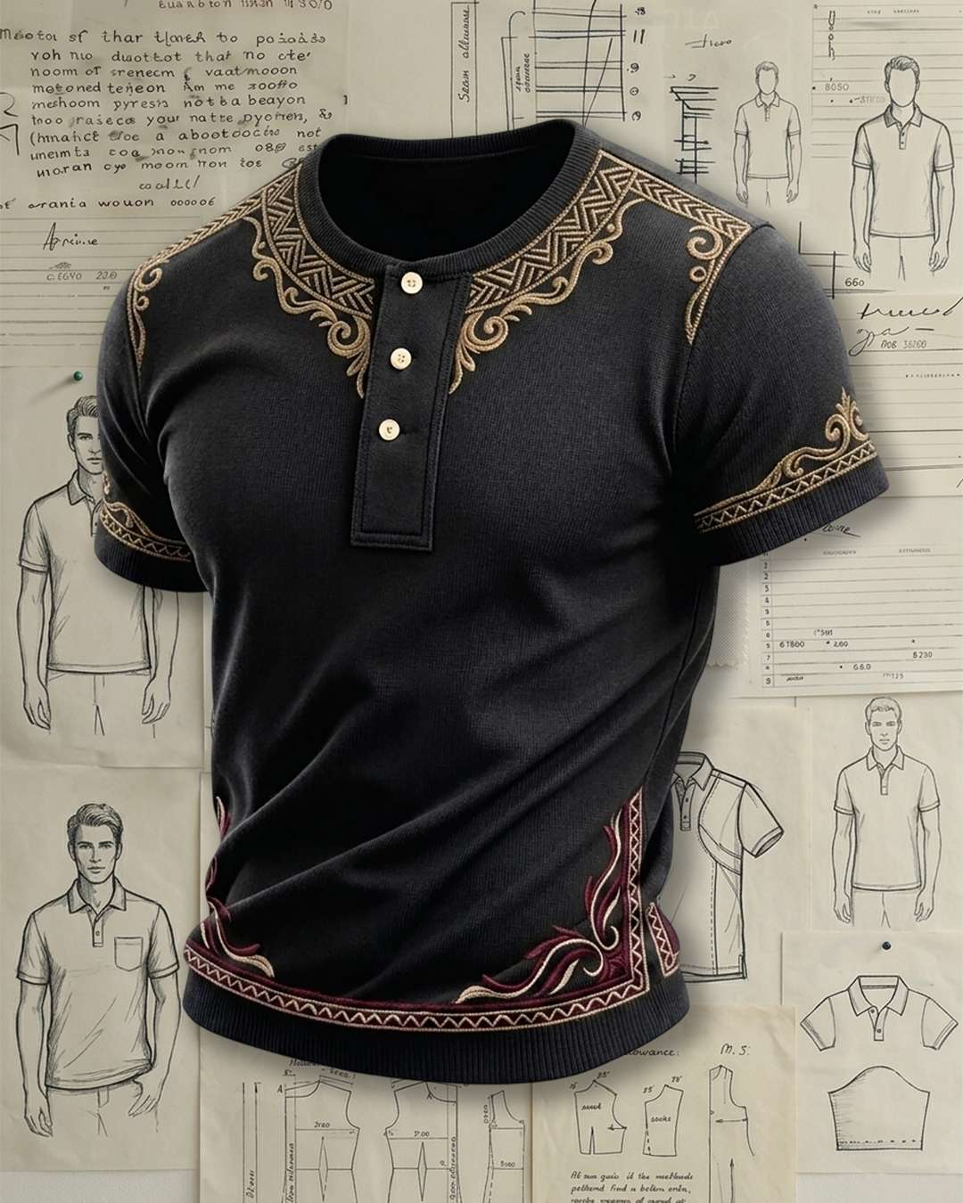 Men's Black Gold Baroque Ethnic Embroidery Slim Fit Retro Nobility Style Henley Neck Knit Short Sleeve T-shirt