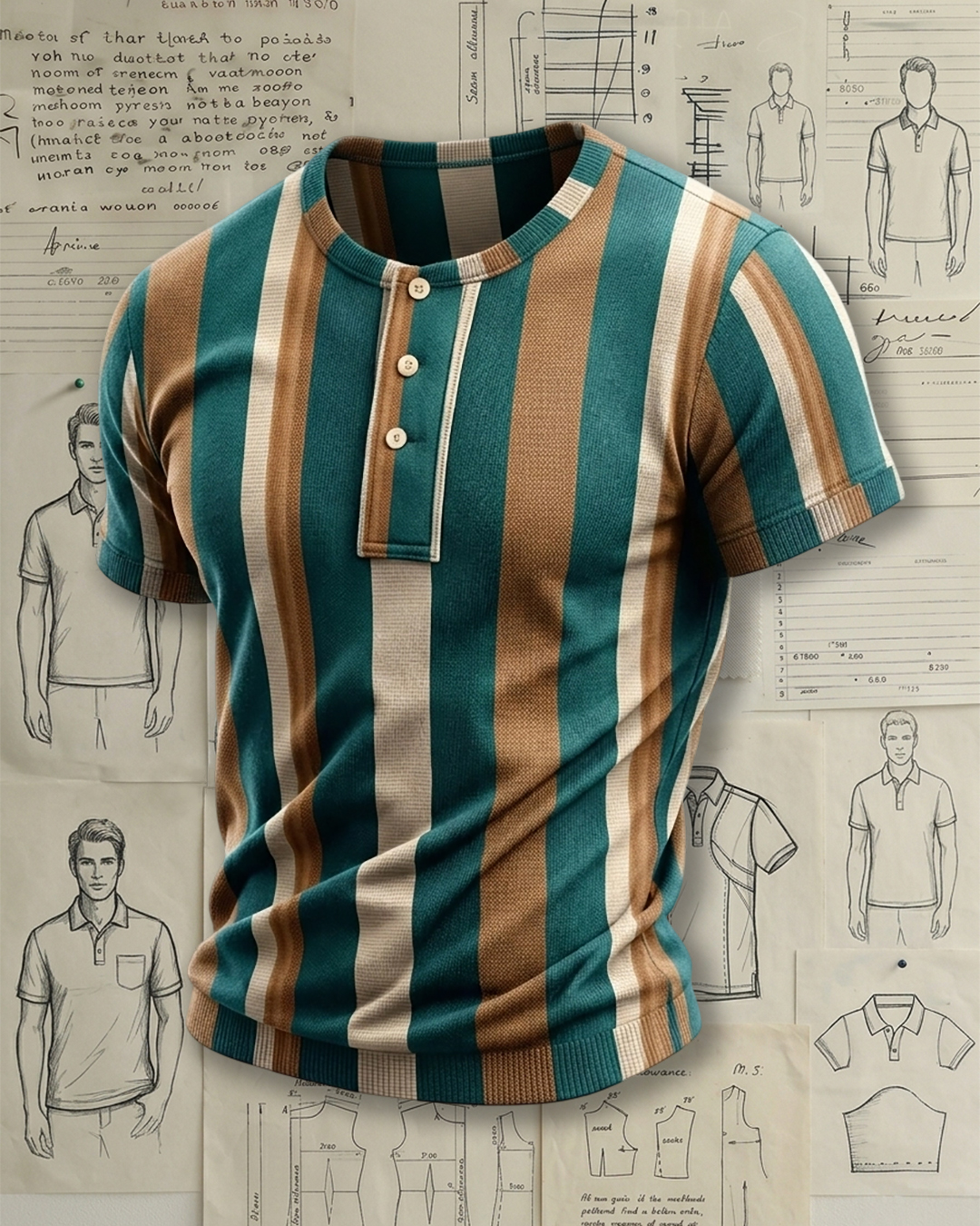 Men's Teal Brown Beige Vertical Stripes Slim Fit Old Money Style Knit Henley Neck Short Sleeve T-shirt