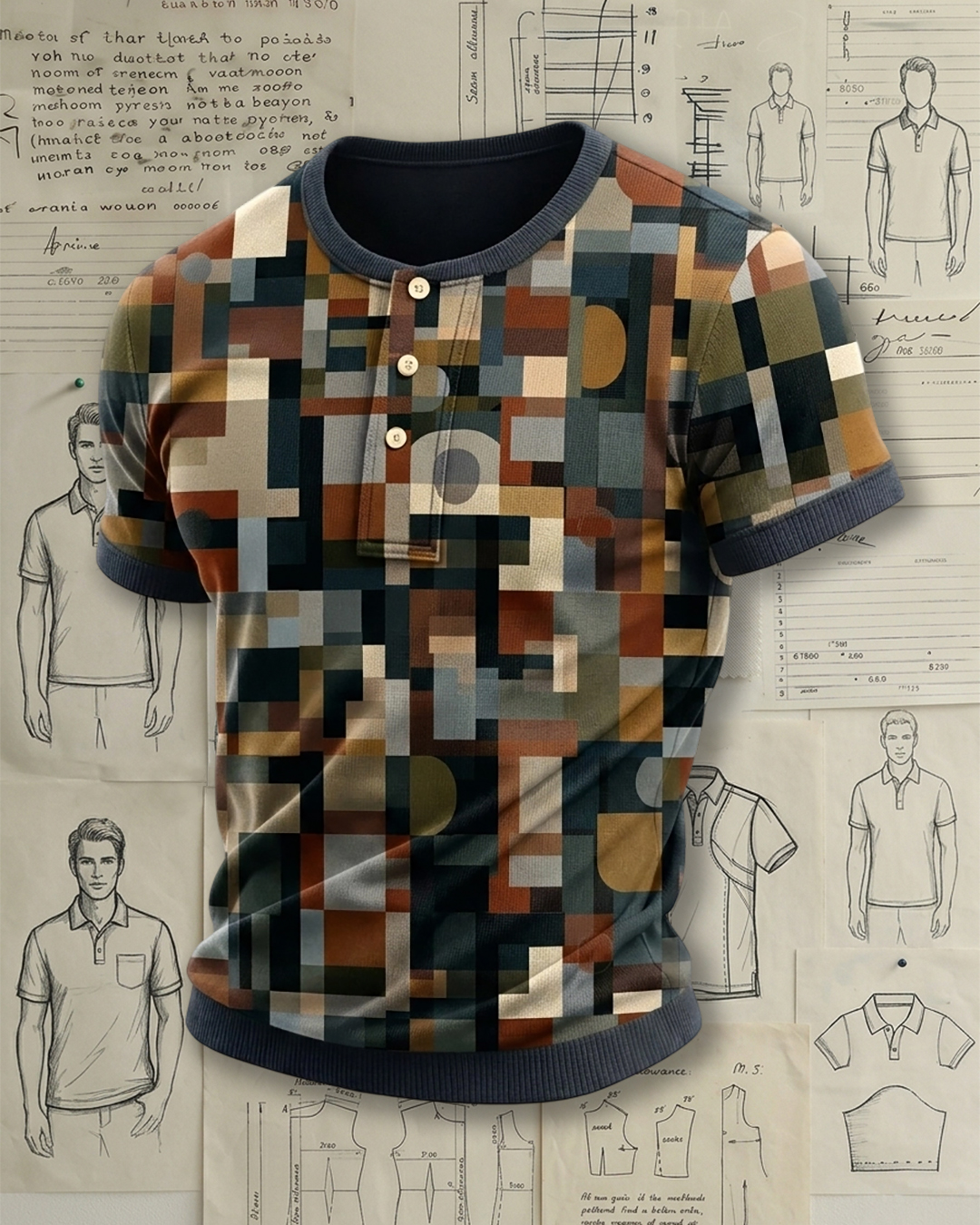 Men's Multicolor Retro Geometric Mosaic Print Slim Fit Art Vintage Style Henley Neck Knit Short Sleeve T-shirt