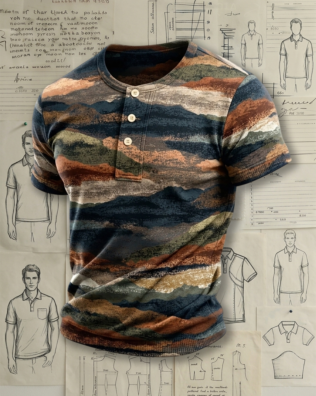 Men's Earth Tone Mountain Landscape Print Slim Fit Retro Outdoor Style Knit Henley Short Sleeve T-shirt