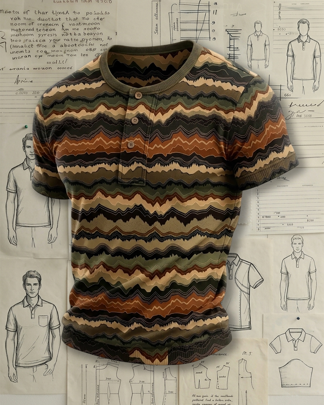 Men's Earth Tone Wavy Chevron Print Slim Fit Retro Outdoor Style Knit Henley Short Sleeve T-shirt