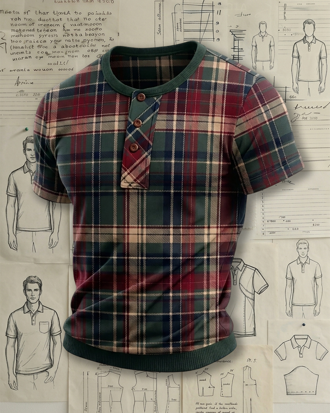 Men's Retro Green Red Plaid Print Slim Fit Ivy Style Knit Henley Short Sleeve T-shirt