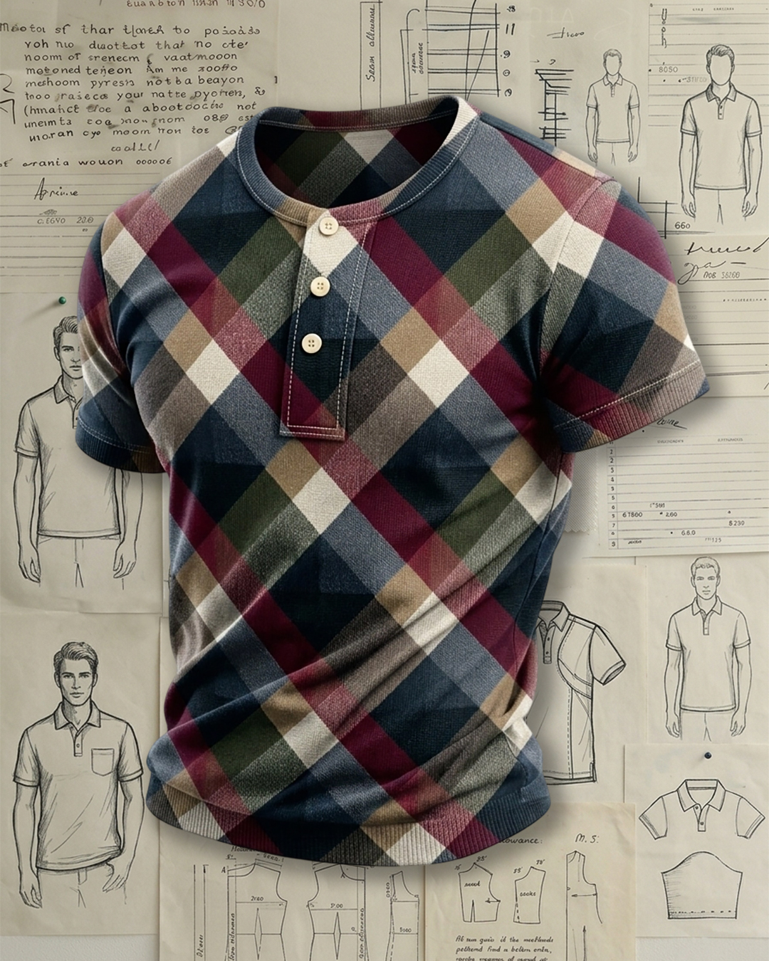 Men's Multi-color Argyle Plaid Print Slim Fit Preppy Vintage Style Knit Henley Short Sleeve T-shirt