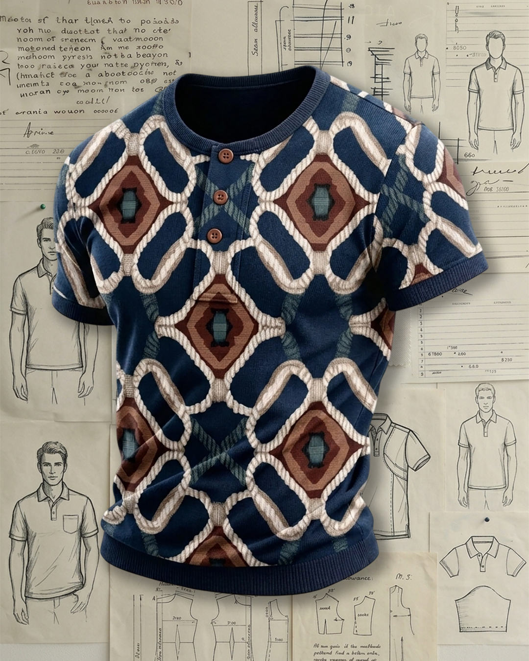 Men's Navy Base Geometric Rope Weave Print Slim Fit Old Money Retro Style Knit Henley Short Sleeve T-shirt
