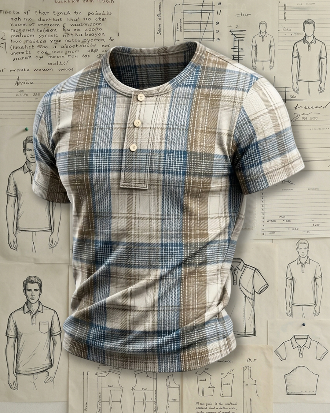Men's Beige Base Blue Brown Plaid Slim Fit Casual Retro Style Knit Henley Short Sleeve T-shirt