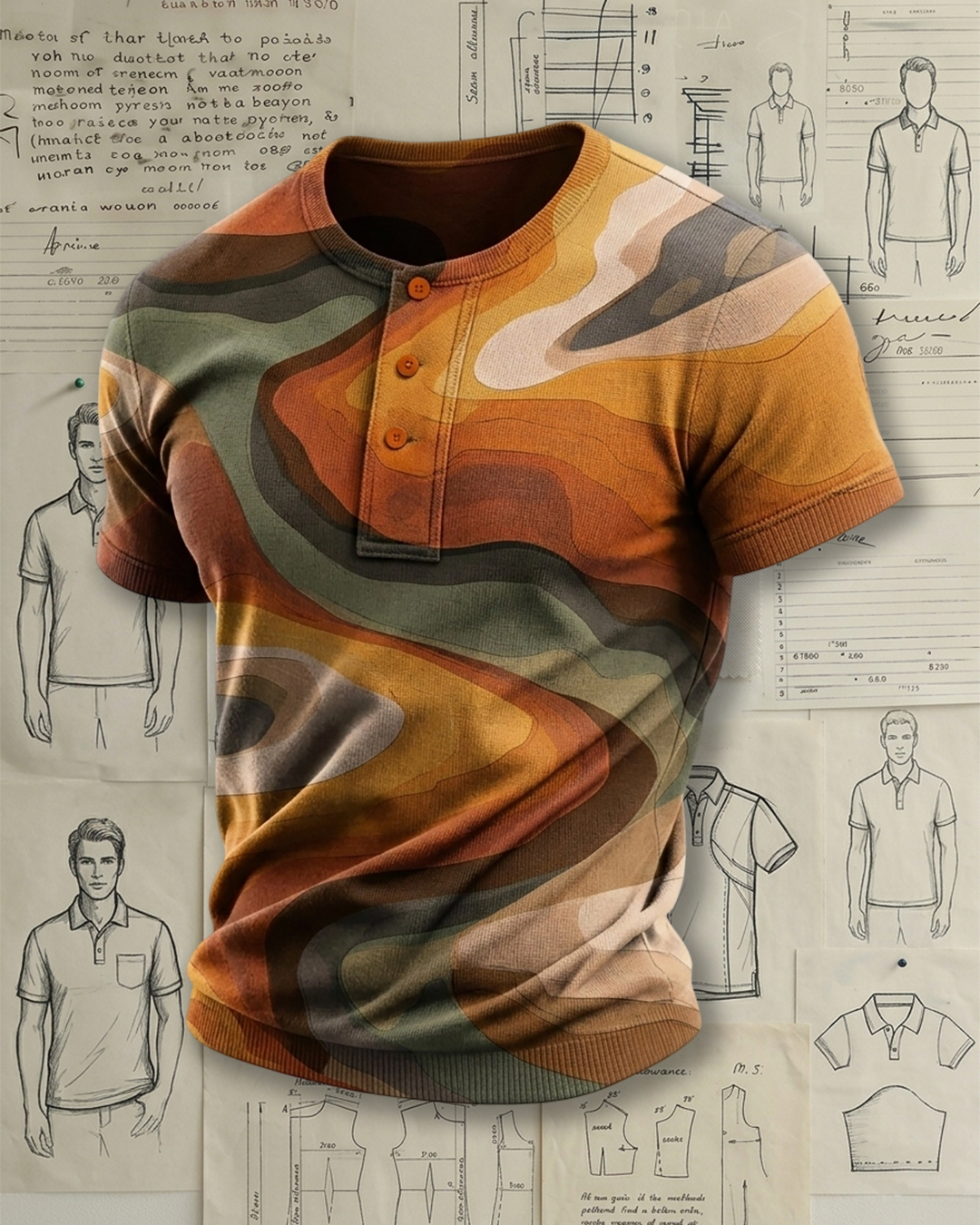 Men's Earth Tone Abstract Wavy Print Slim Fit Retro Art Style Knit Henley Short Sleeve T-shirt