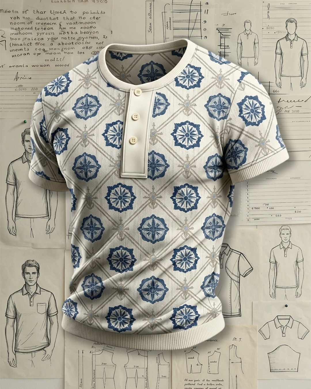 Men's Beige Base Navy Compass Rhombus Print Slim Fit Mediterranean Retro Style Knit Henley Short Sleeve T-shirt