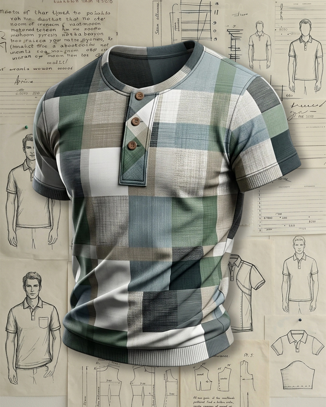 Men's Beige Base Teal Leaf Golden Lemon Print Slim Fit Retro Botanical Style Knit Henley Short Sleeve T-shirt