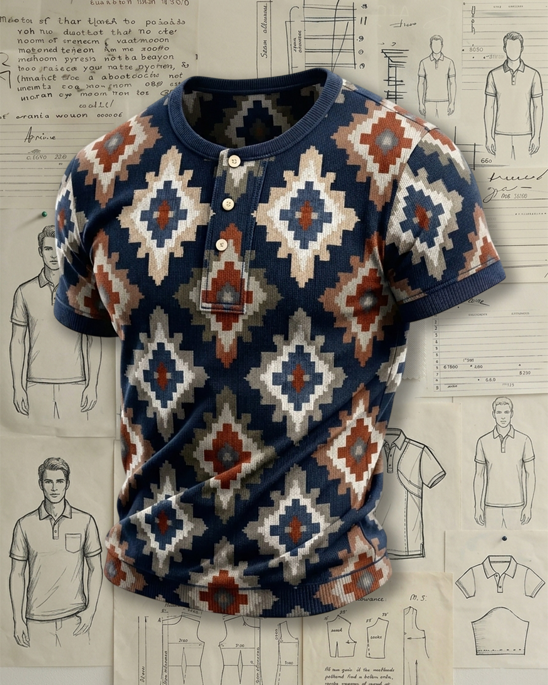 Men's Navy Base Rust Ethnic Geometric Diamond Print Slim Fit Southwest Retro Style Knit Henley Short Sleeve T-shirt