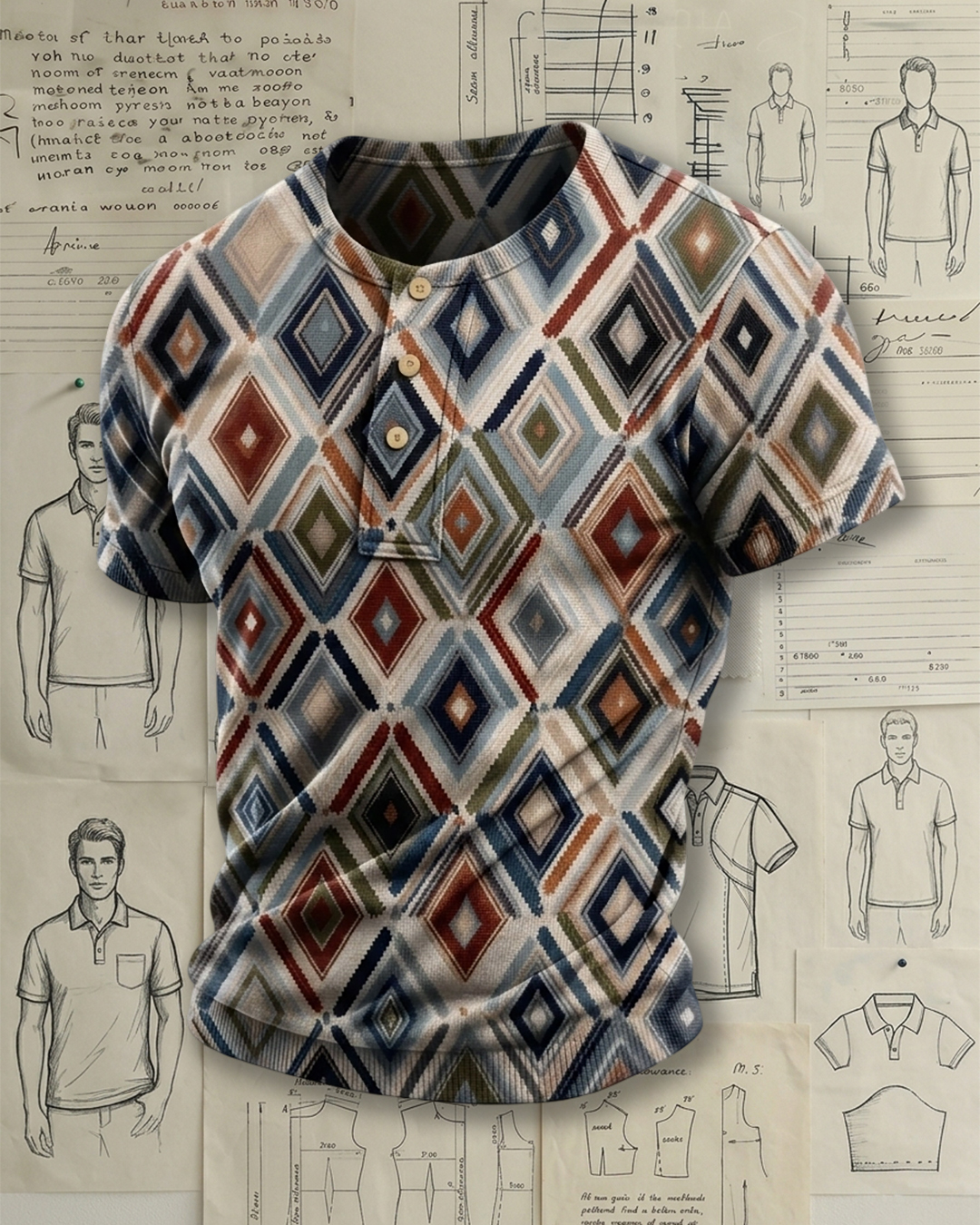 Men's Multi-color Aztec Diamond Geometric Print Slim Fit Ethnic Retro Style Knit Henley Short Sleeve T-shirt