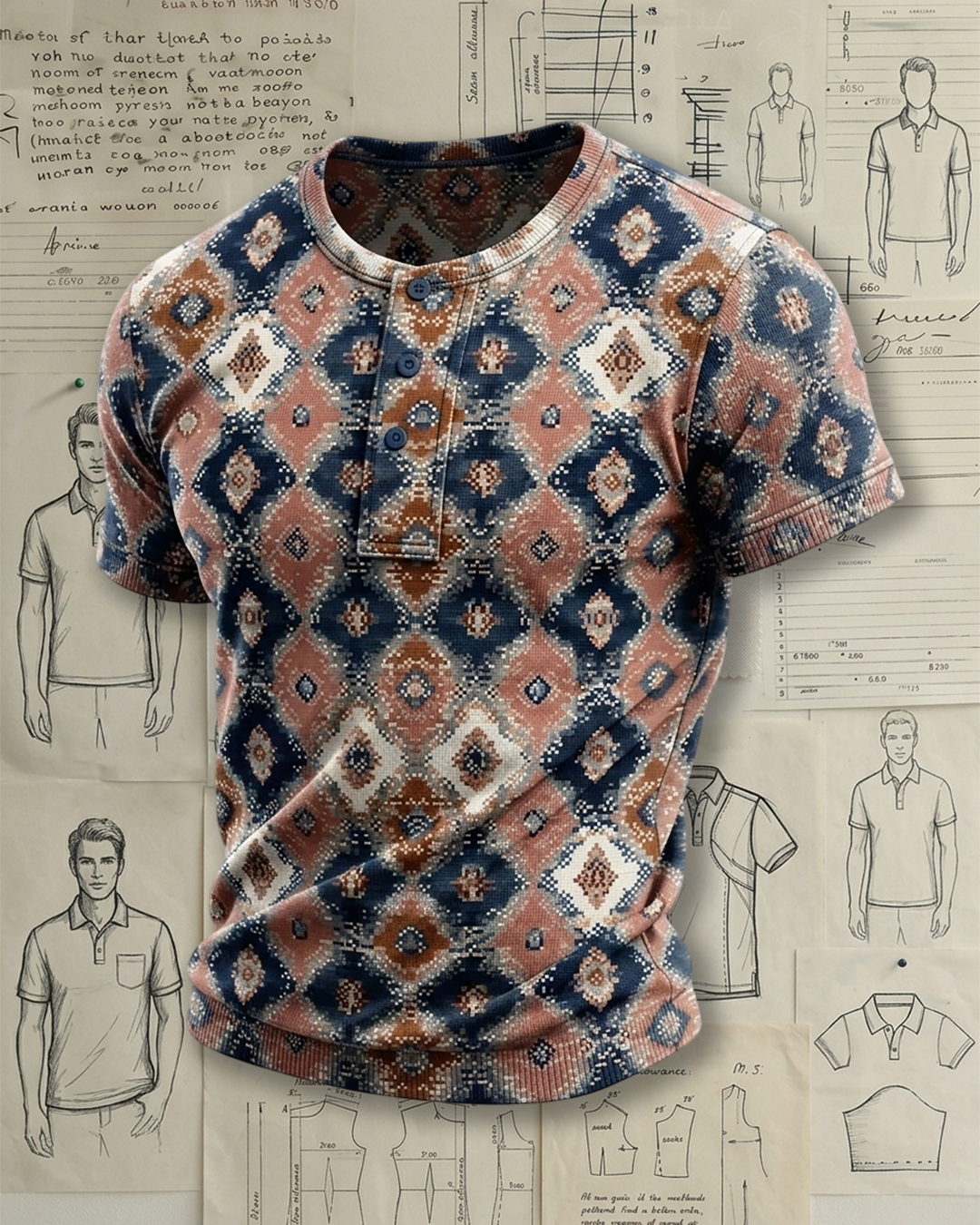 Men's Dusty Pink Base Indigo Ethnic Ikat Diamond Print Slim Fit Boho Retro Style Knit Henley Short Sleeve T-shirt