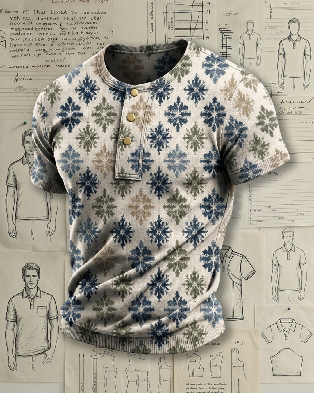 Men's Beige Base Blue Green Fair Isle Snowflake Print Slim Fit Nordic Retro Style Knit Henley Short Sleeve T-shirt