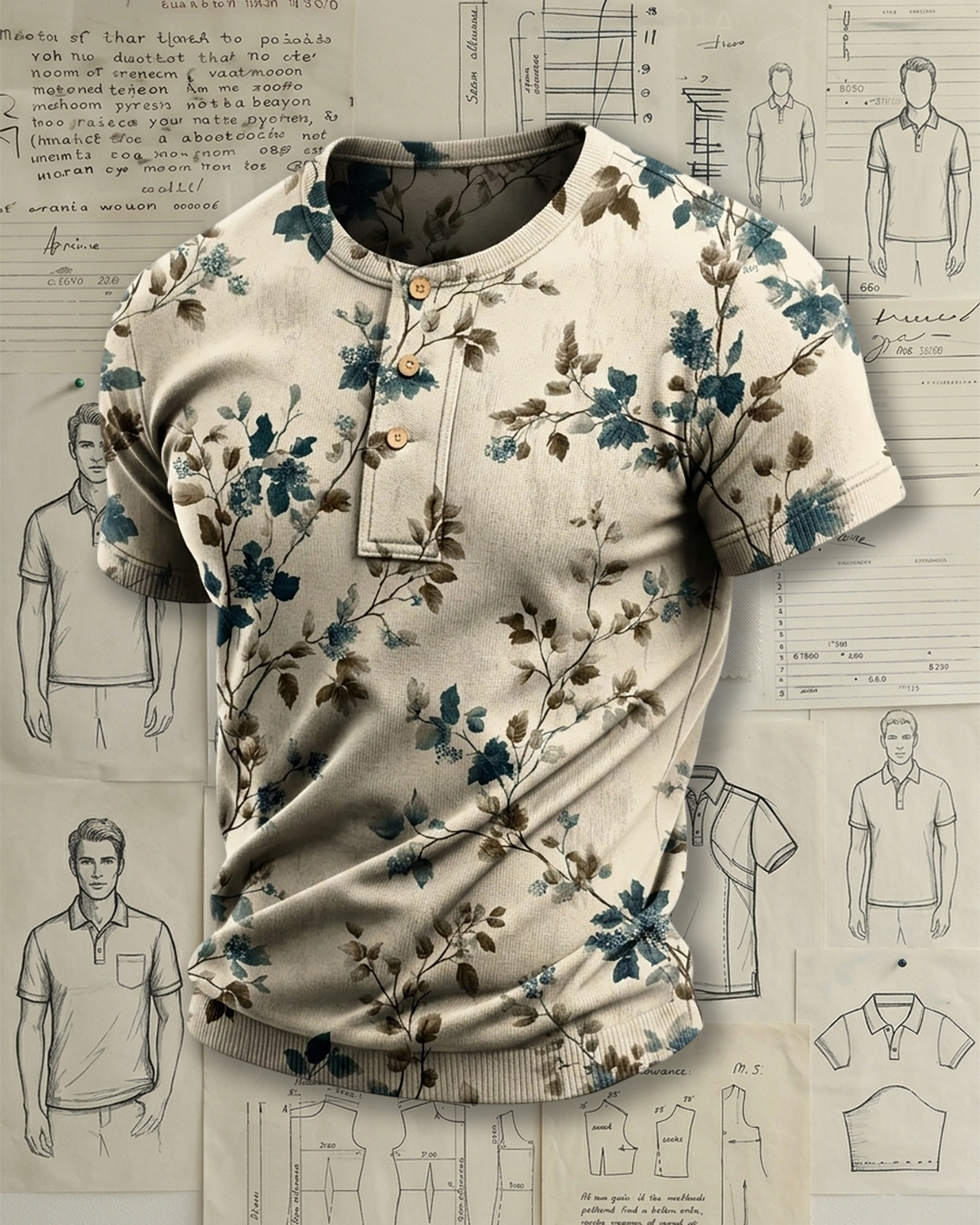 Men's Beige Base Indigo Brown Vintage Floral Print Slim Fit Art Retro Style Knit Henley Short Sleeve T-shirt