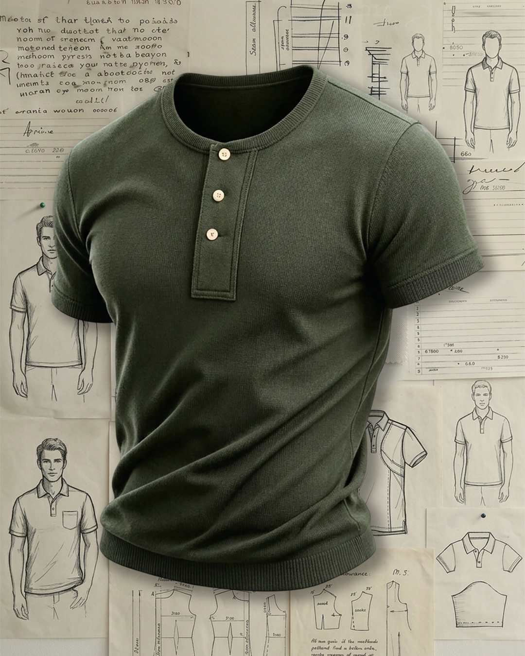 Men's Army Green Solid Color Slim Fit American Retro Style Knit Henley Short Sleeve T-shirt