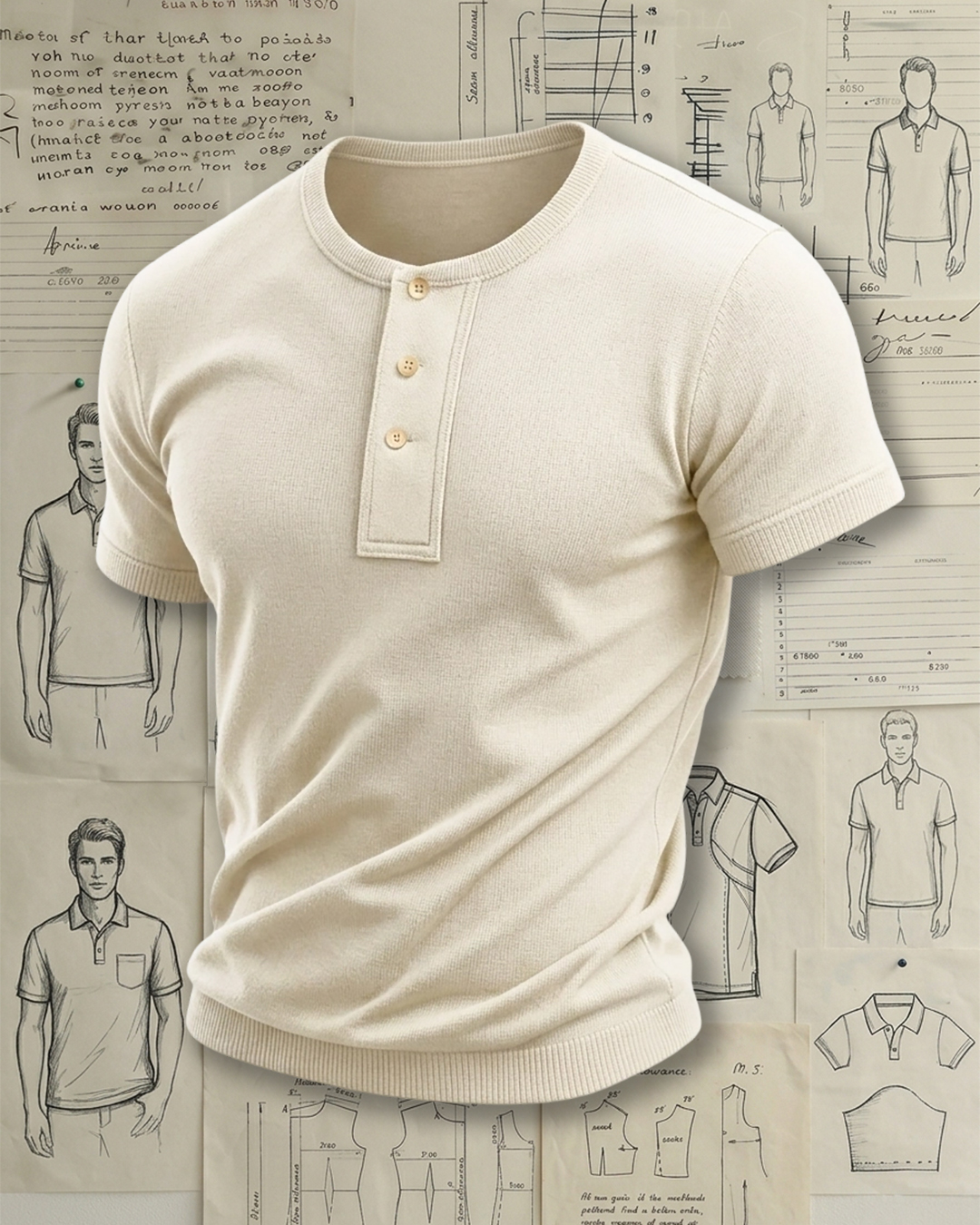 Men's Cream Solid Color Slim Fit Old Money Style Knit Henley Short Sleeve T-shirt