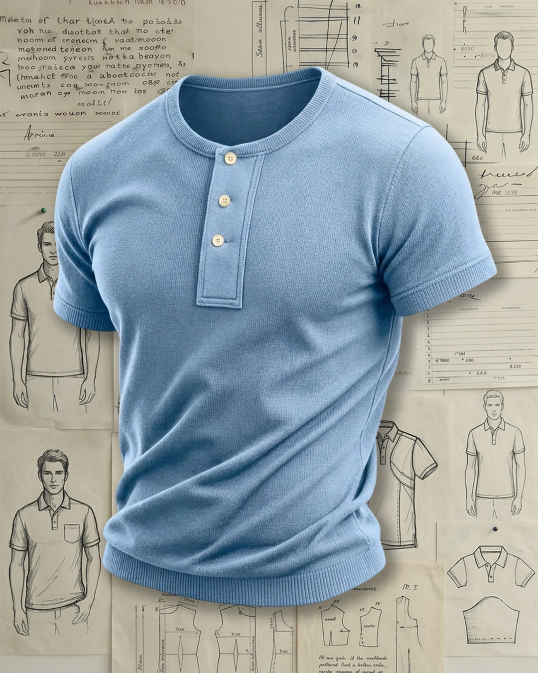 Men's Light Blue Solid Color Slim Fit Minimalist Casual Knit Henley Short Sleeve T-shirt