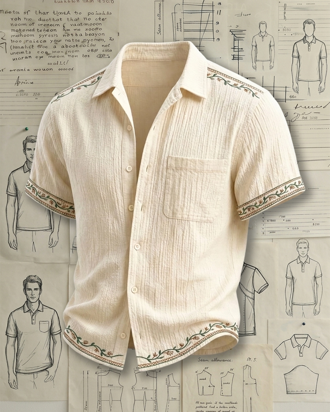 Men's Cream Apricot Solid Color Loose Fit Vacation Style Vine Embroidery Crinkle Cotton Short Sleeve Shirt
