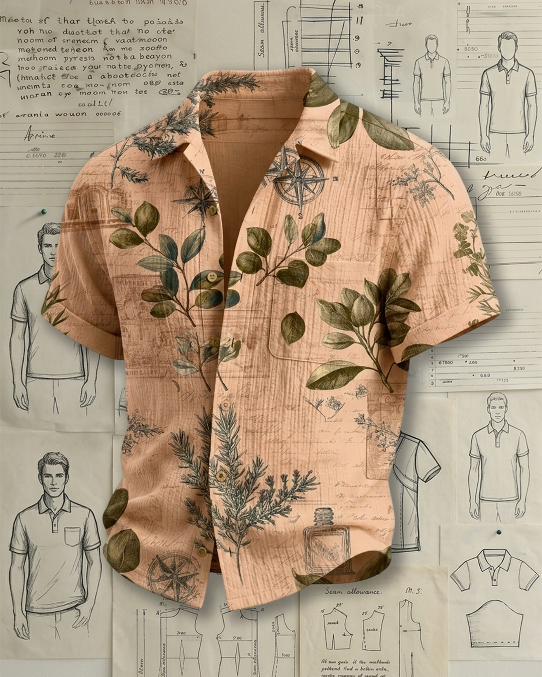 Men's Peach Khaki Relaxed Fit Vintage Nautical Style Foliage & Compass Print Crinkle Cotton Short Sleeve Shirt