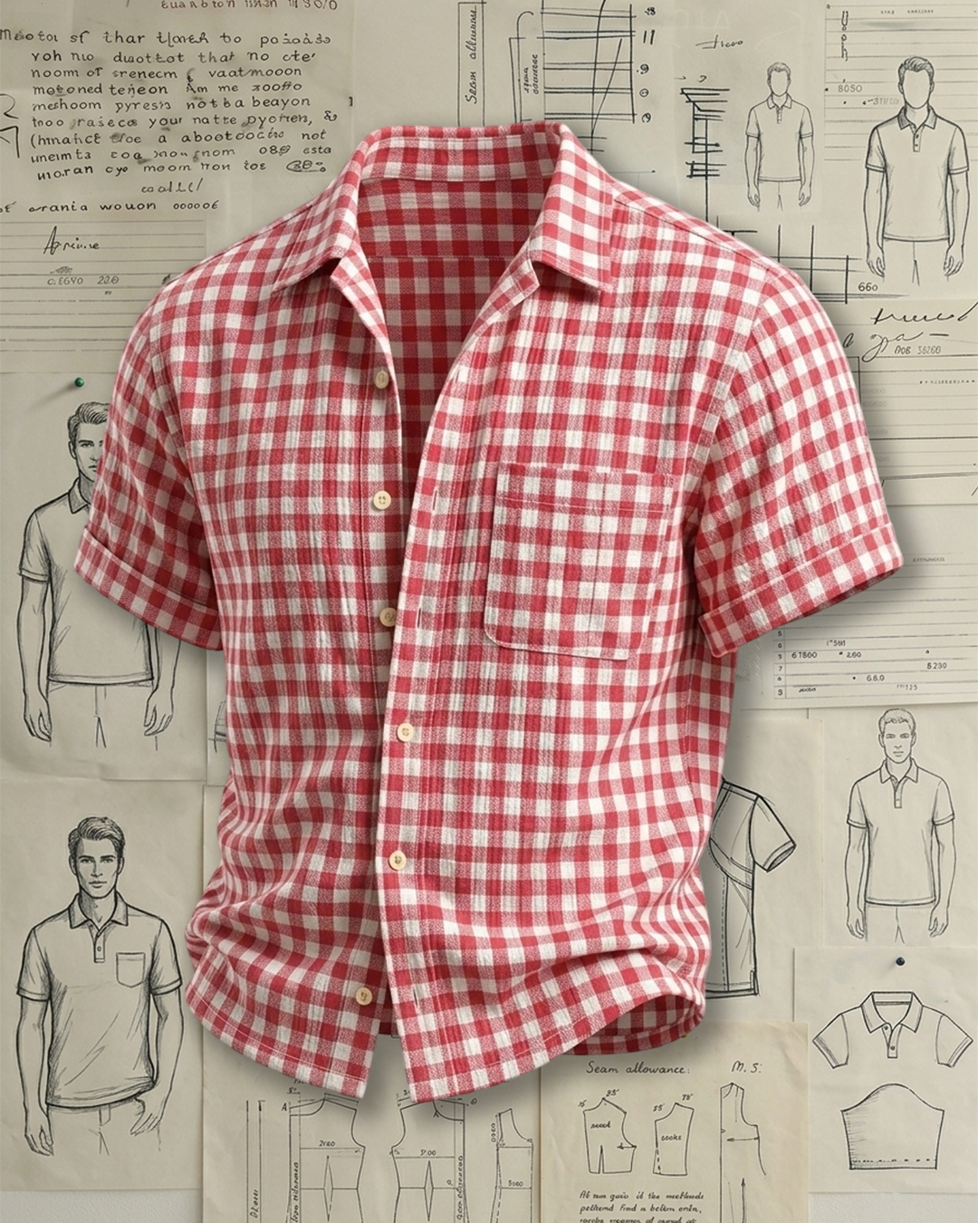 Men's Red & White Gingham Loose Fit Casual Textured Short Sleeve Shirt