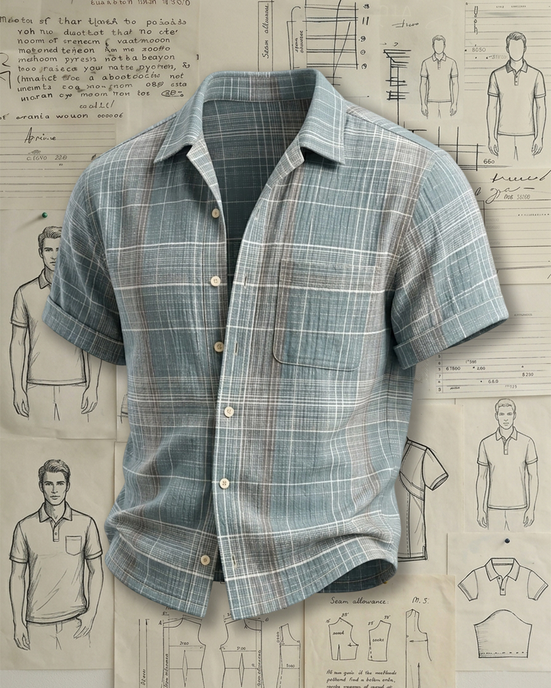Men's Slate Blue & Brown Plaid Loose Fit Casual Textured Short Sleeve Shirt