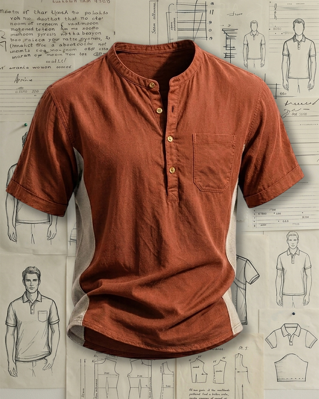 Men's Rust Red & Light Gray Henley Collar Loose Fit Casual Short Sleeve Shirt