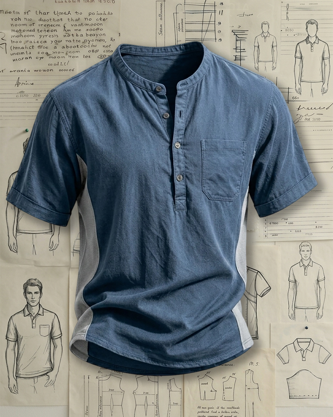 Men's Navy Blue & Light Gray Henley Collar Loose Fit Casual Short Sleeve Shirt