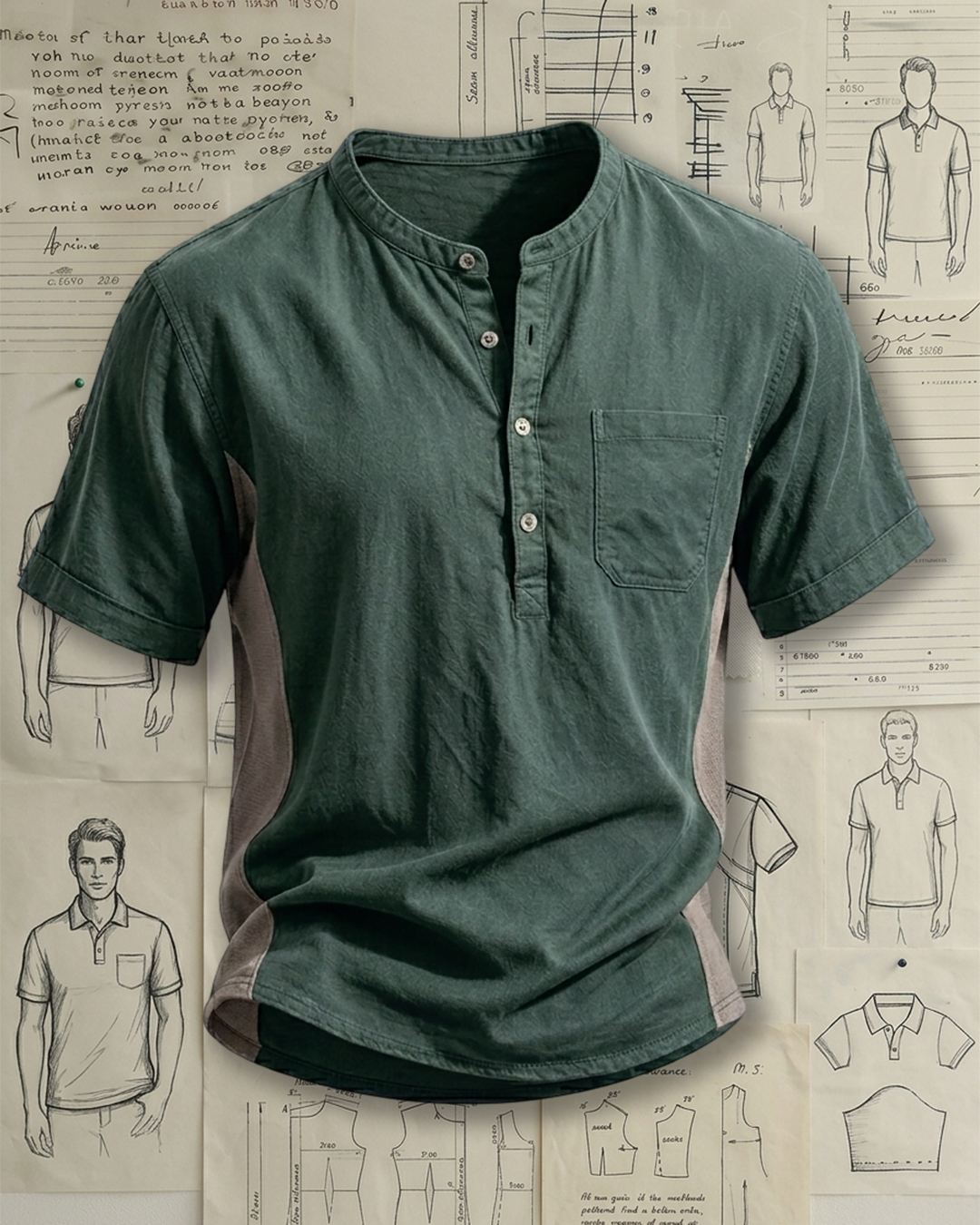 Men's Dark Green & Light Gray Henley Collar Loose Fit Casual Short Sleeve Shirt