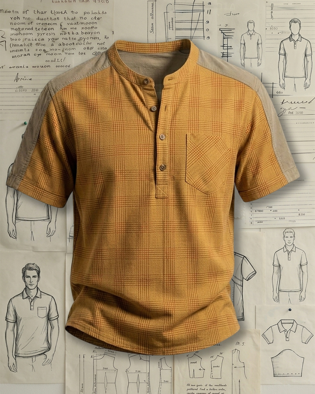 Men's Mustard Plaid Color-blocked Henley Collar Loose Fit Casual Short Sleeve Shirt