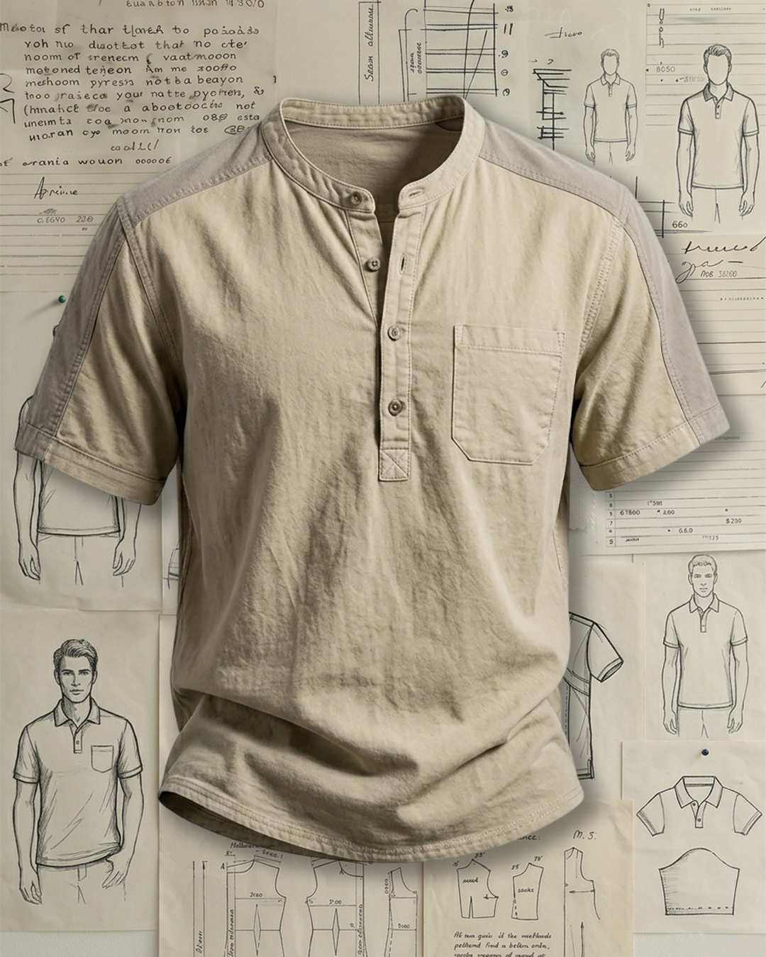 Men's Light Apricot Color-blocked Henley Collar Loose Fit Casual Short Sleeve Shirt