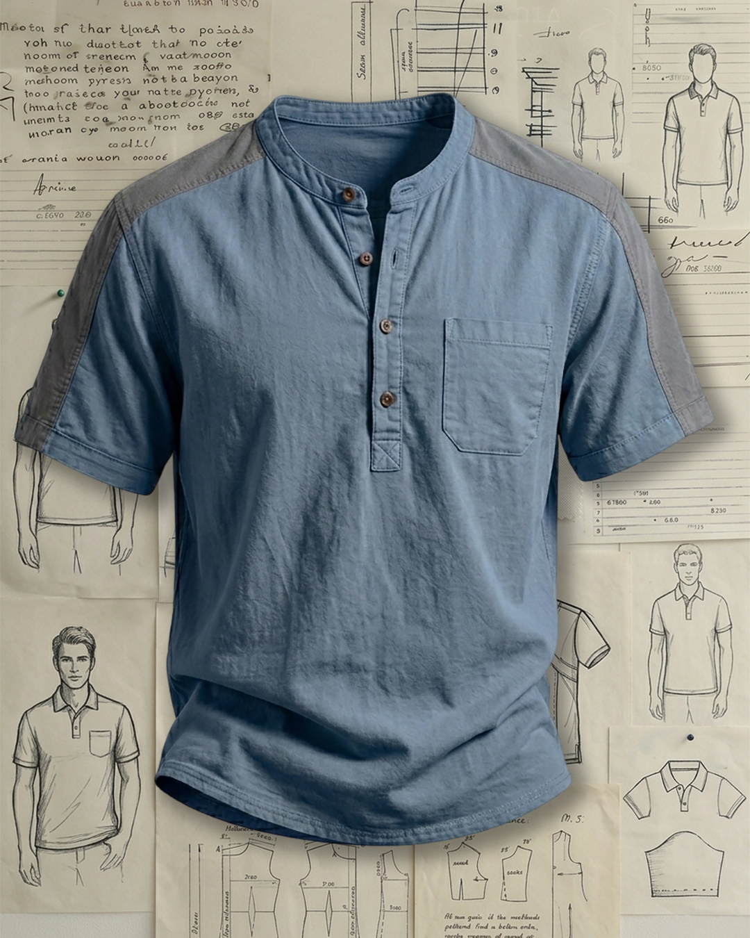 Men's Denim Blue & Gray Color-blocked Henley Collar Loose Fit Casual Short Sleeve Shirt
