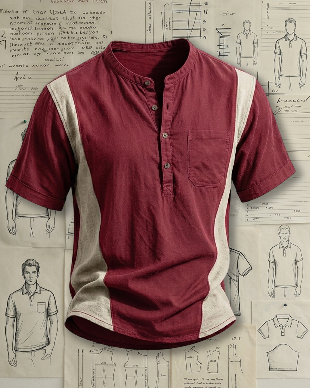 Men's Wine Red & Beige Color-blocked Henley Collar Loose Fit Casual Short Sleeve Shirt