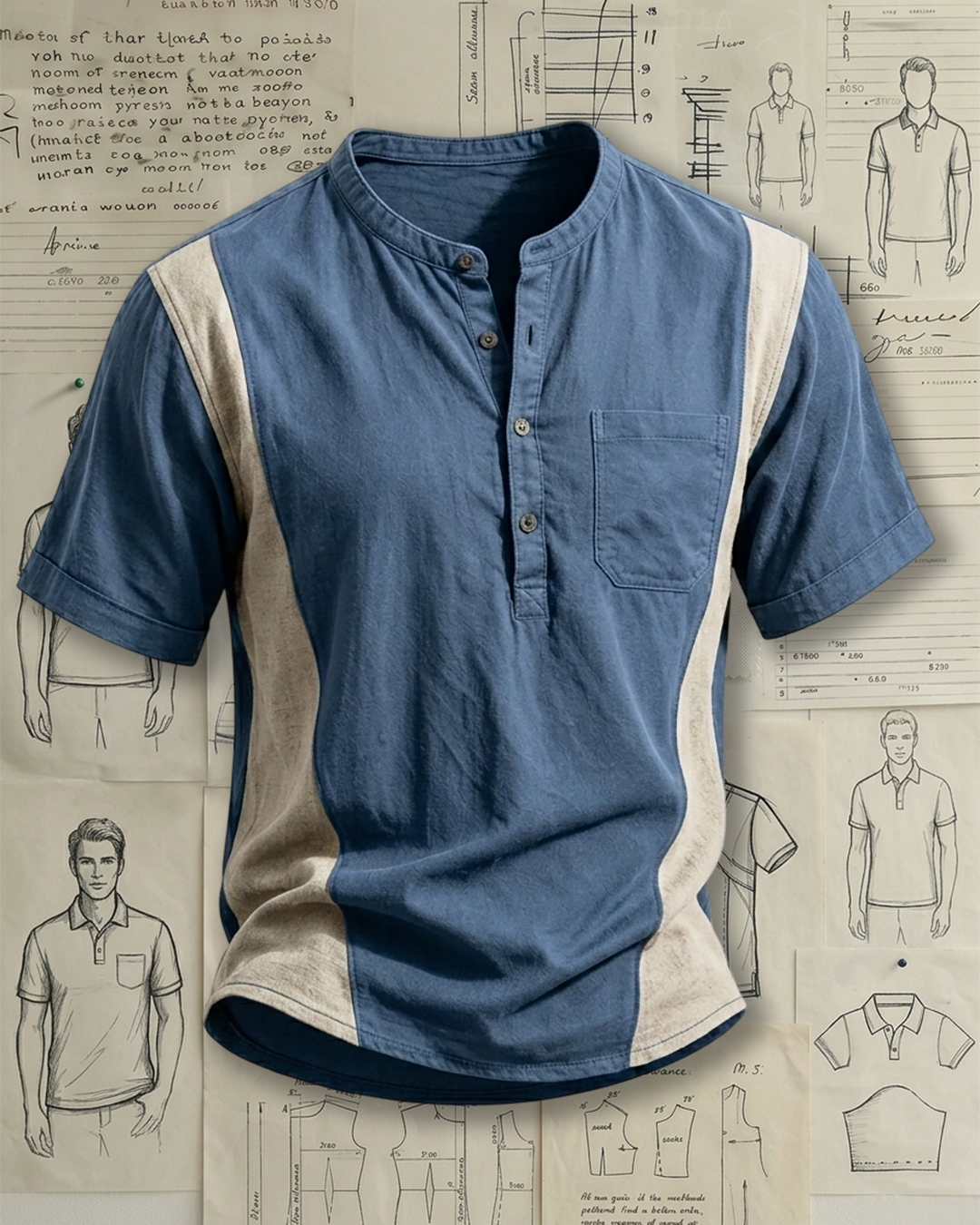 Men's Denim Blue & Beige Color-blocked Henley Collar Loose Fit Casual Short Sleeve Shirt