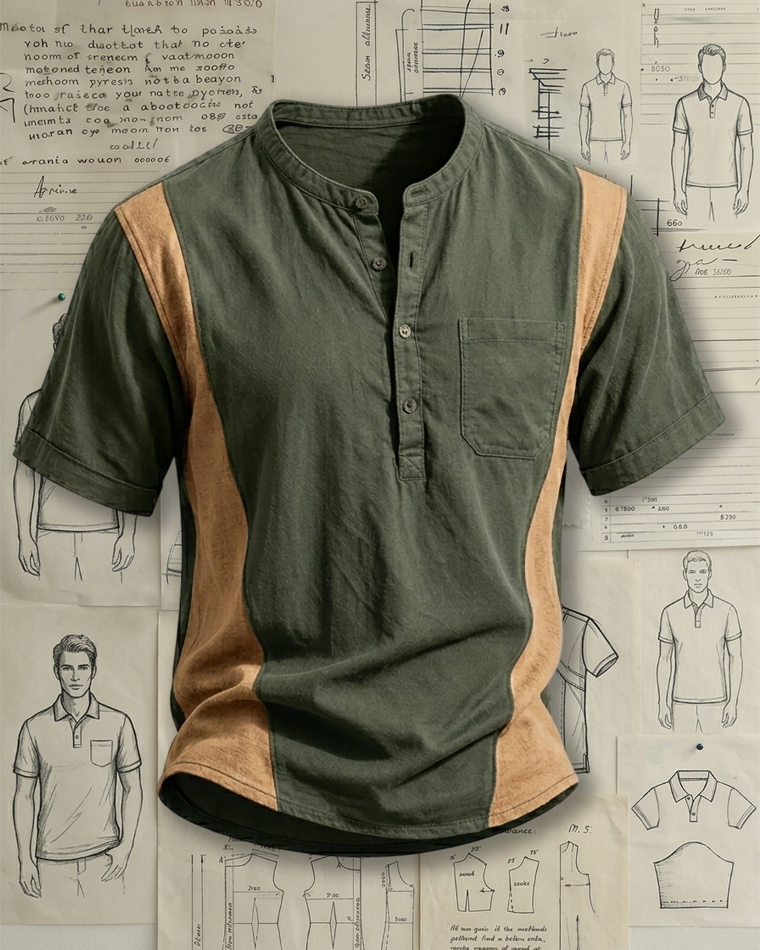 Men's Army Green & Khaki Color-blocked Henley Collar Loose Fit Casual Short Sleeve Shirt