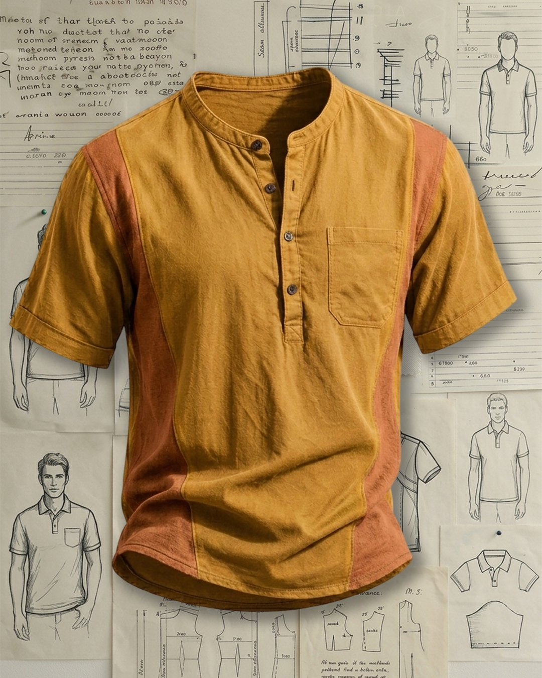 Men's Mustard Yellow & Orange Brown Color-blocked Henley Collar Loose Fit Casual Short Sleeve Shirt