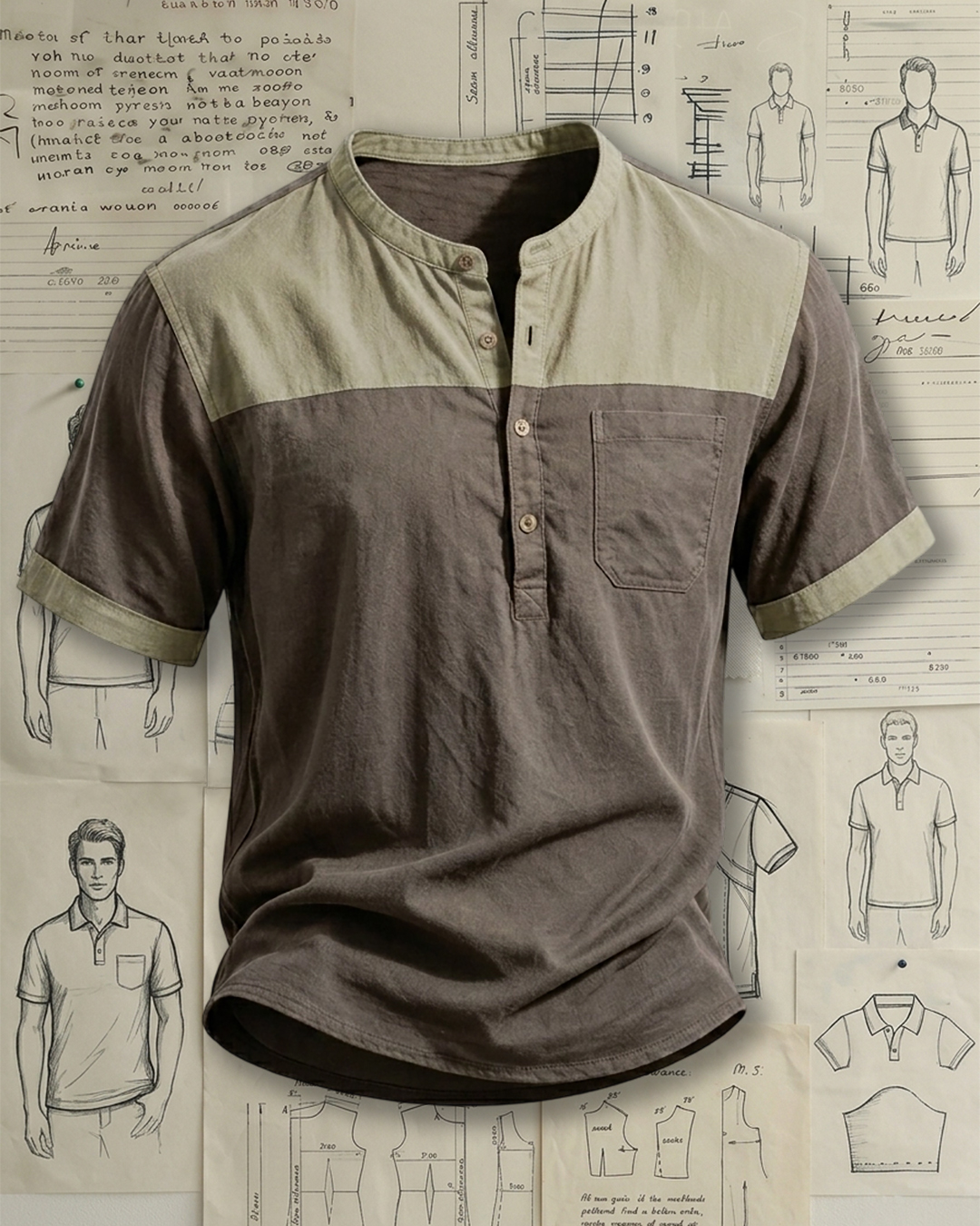 Men's Dark Brown & Light Sage Color-blocked Henley Collar Loose Fit Casual Short Sleeve Shirt