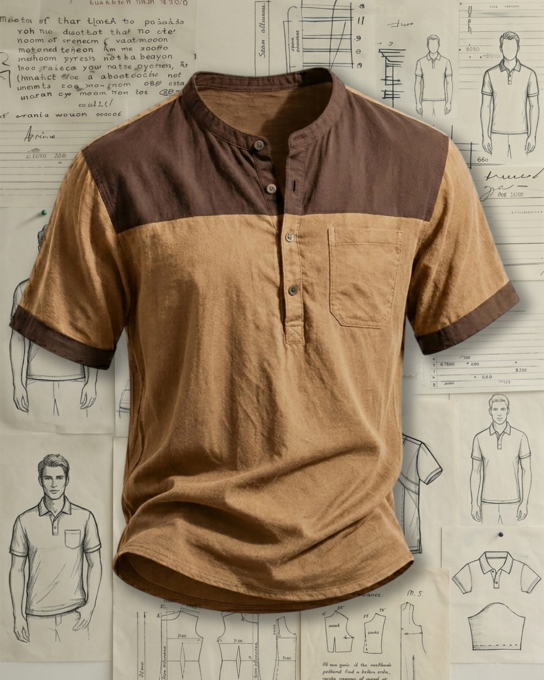 Men's Dark Brown & Khaki Color-blocked Henley Collar Loose Fit Casual Short Sleeve Shirt
