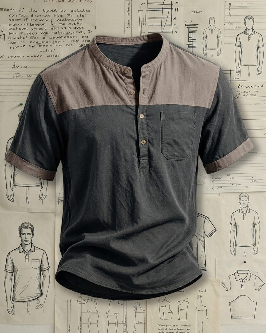 Men's Charcoal Gray & Taupe Color-blocked Henley Collar Loose Fit Casual Short Sleeve Shirt