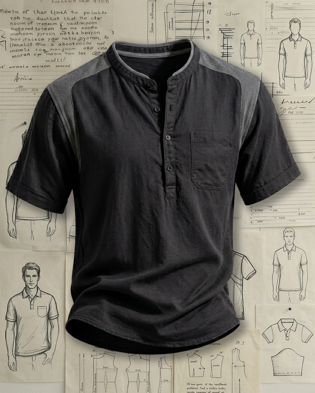 Men's Charcoal Black & Heather Gray Color-blocked Henley Collar Loose Fit Casual Short Sleeve Shirt