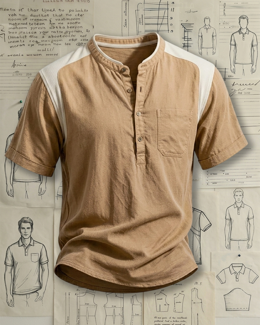 Men's Khaki & Beige Color-blocked Henley Collar Loose Fit Casual Short Sleeve Shirt