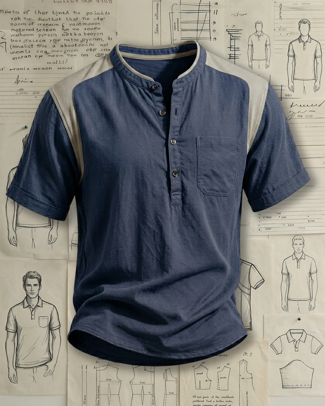 Men's Navy Blue & Heather Gray Color-blocked Henley Collar Loose Fit Casual Short Sleeve Shirt