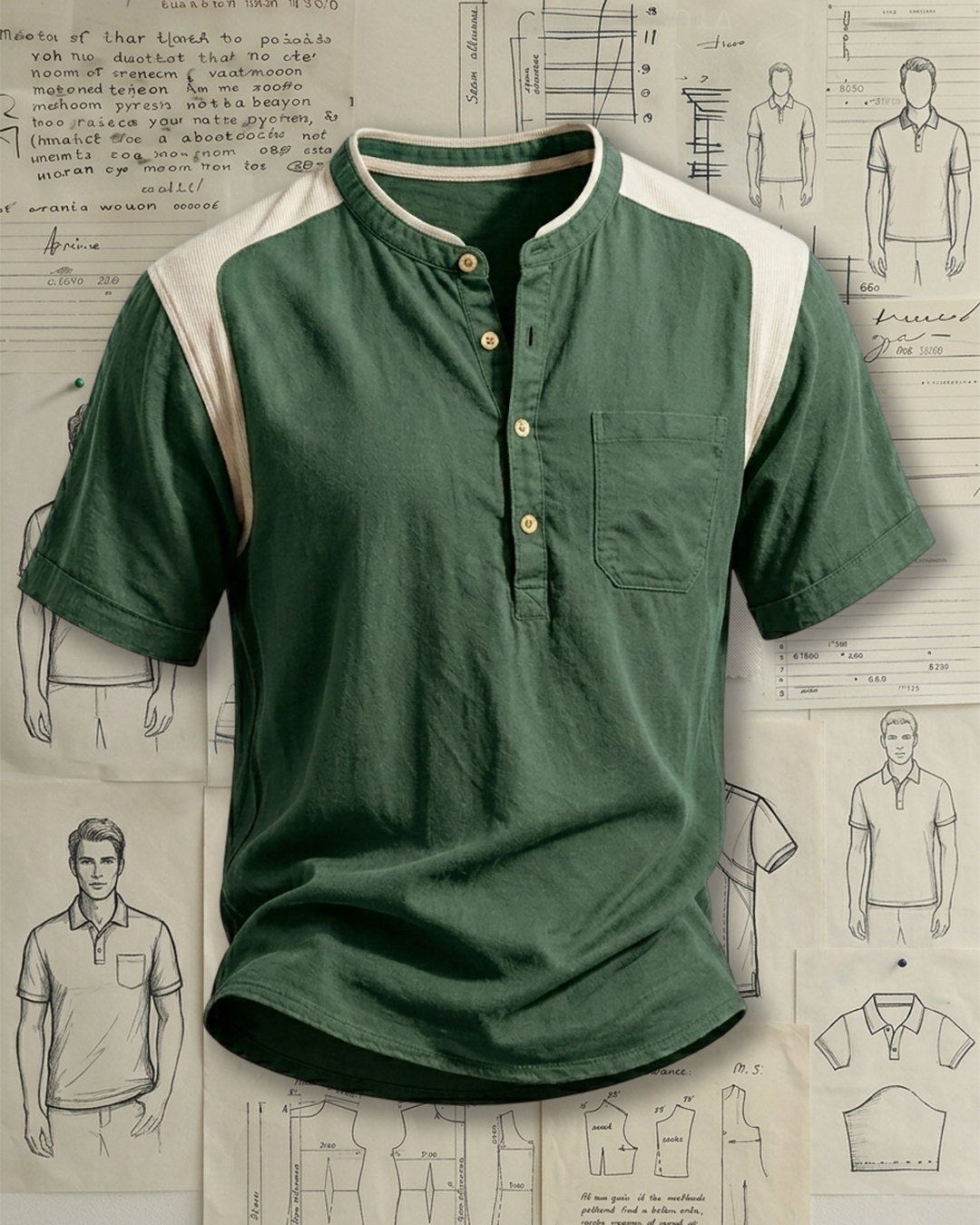 Men's Dark Green & Beige Color-blocked Henley Collar Loose Fit Casual Short Sleeve Shirt