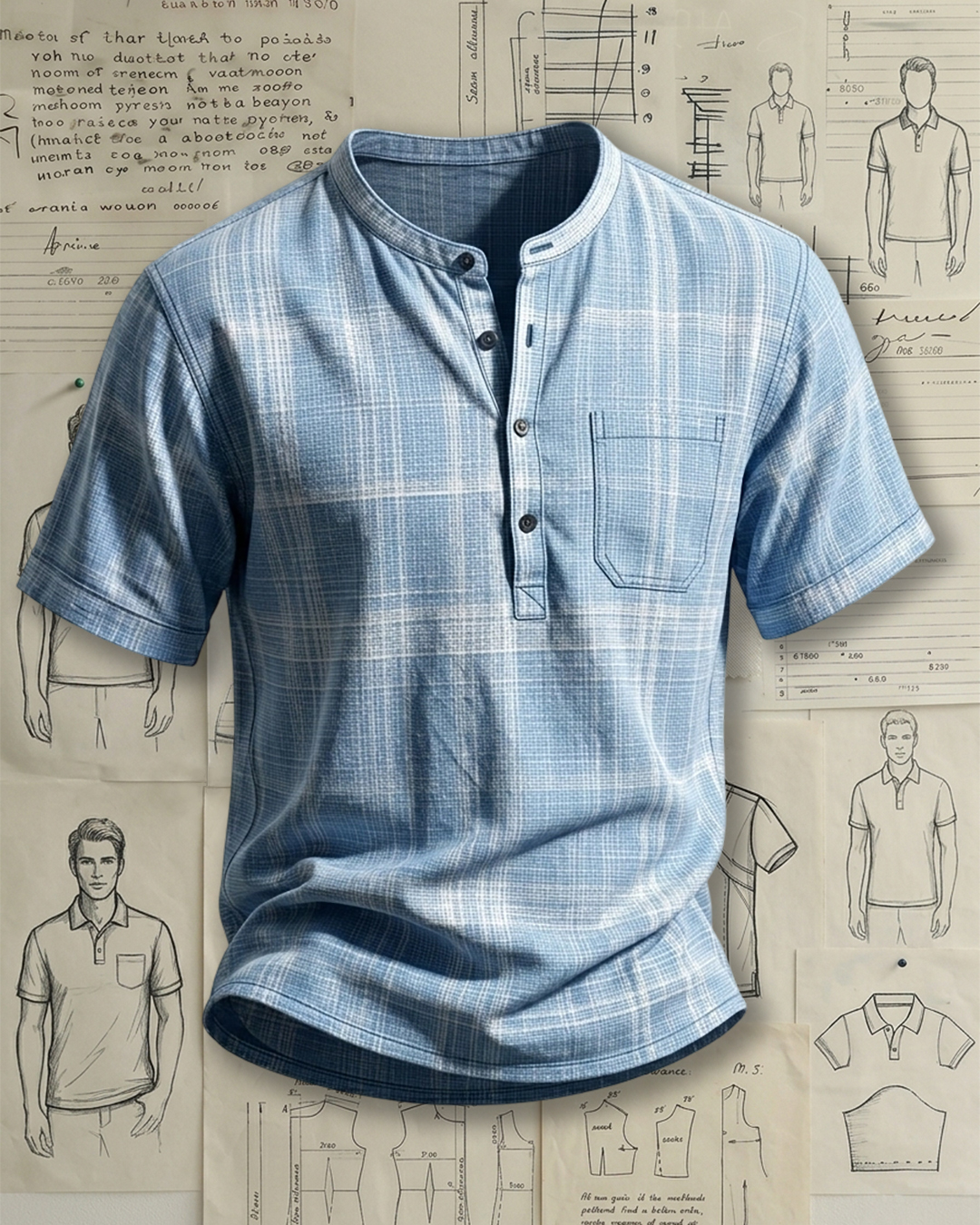 Men's Light Blue Plaid Henley Collar Loose Fit Casual Short Sleeve Shirt