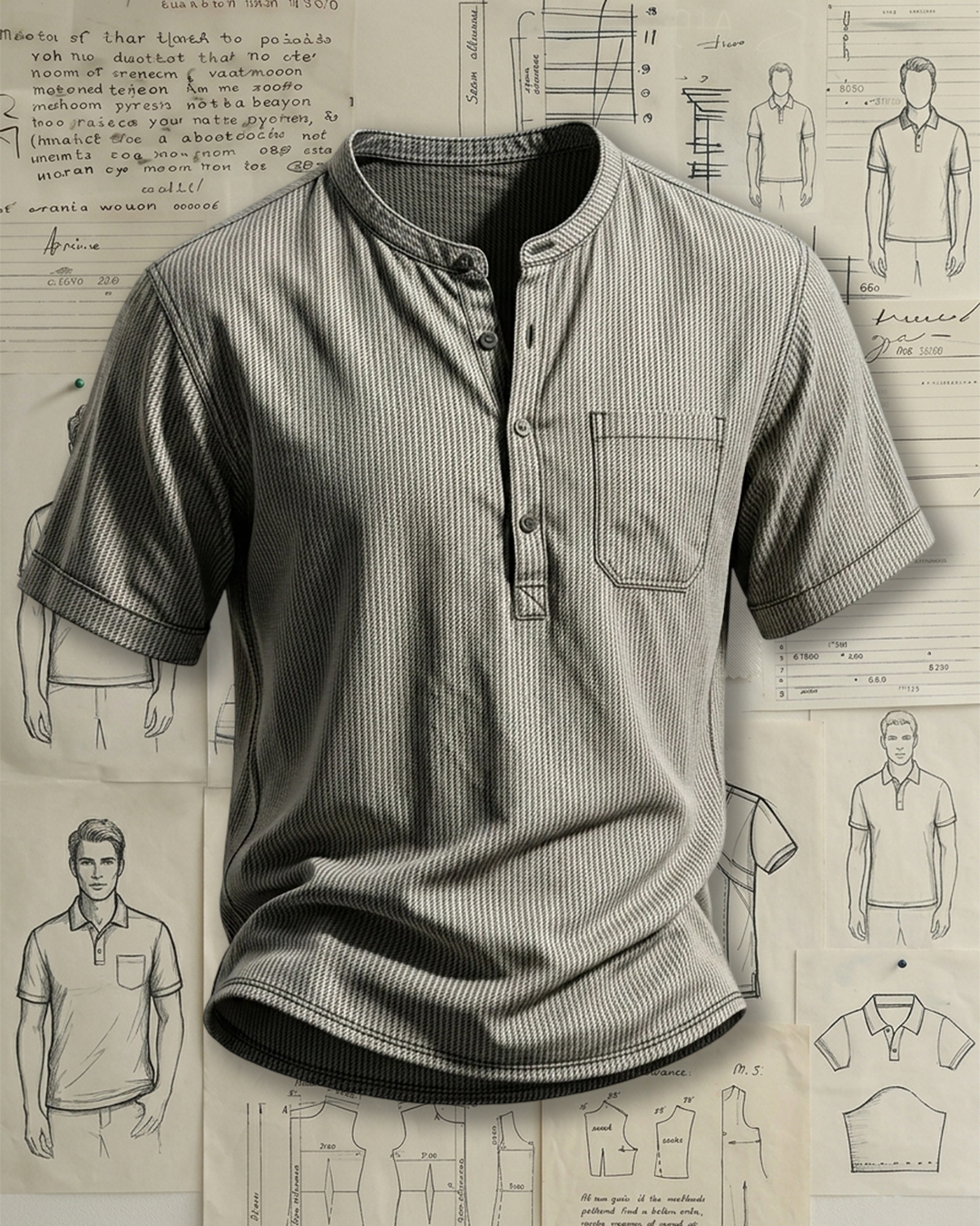 Men's Gray Black Fine Vertical Stripe Henley Collar Loose Fit Casual Short Sleeve Shirt