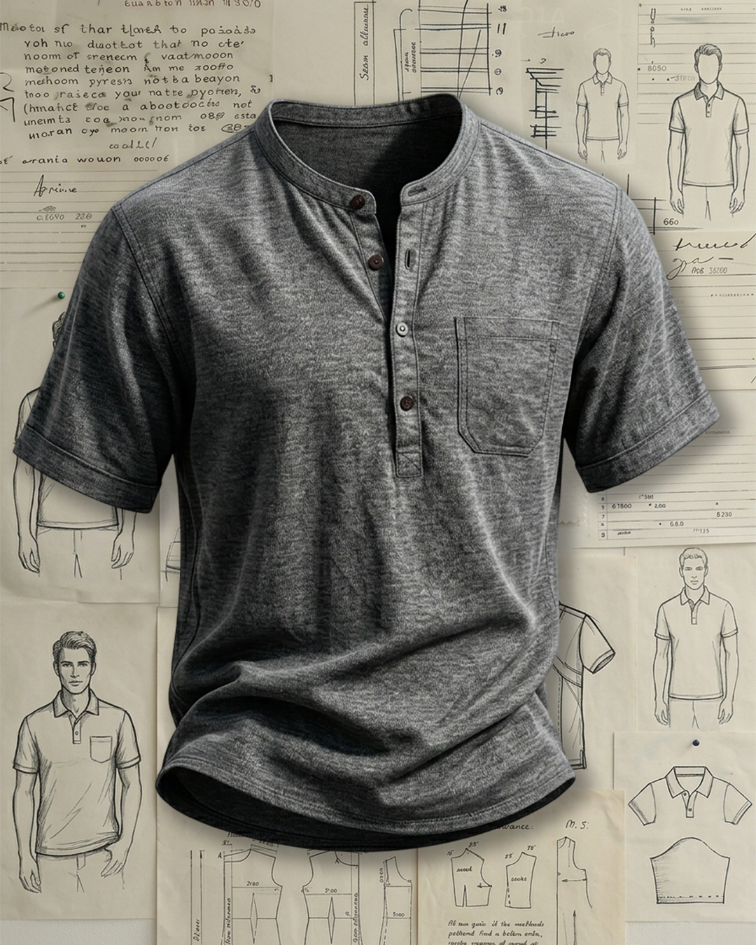 Men's Heather Gray Marled Henley Collar Loose Fit Casual Short Sleeve Shirt